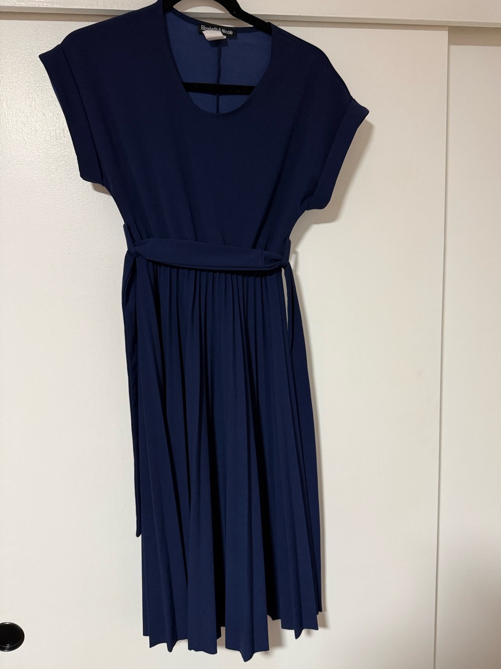 Elizabeth and James Deep Navy Pleated Belted Midi Dress
